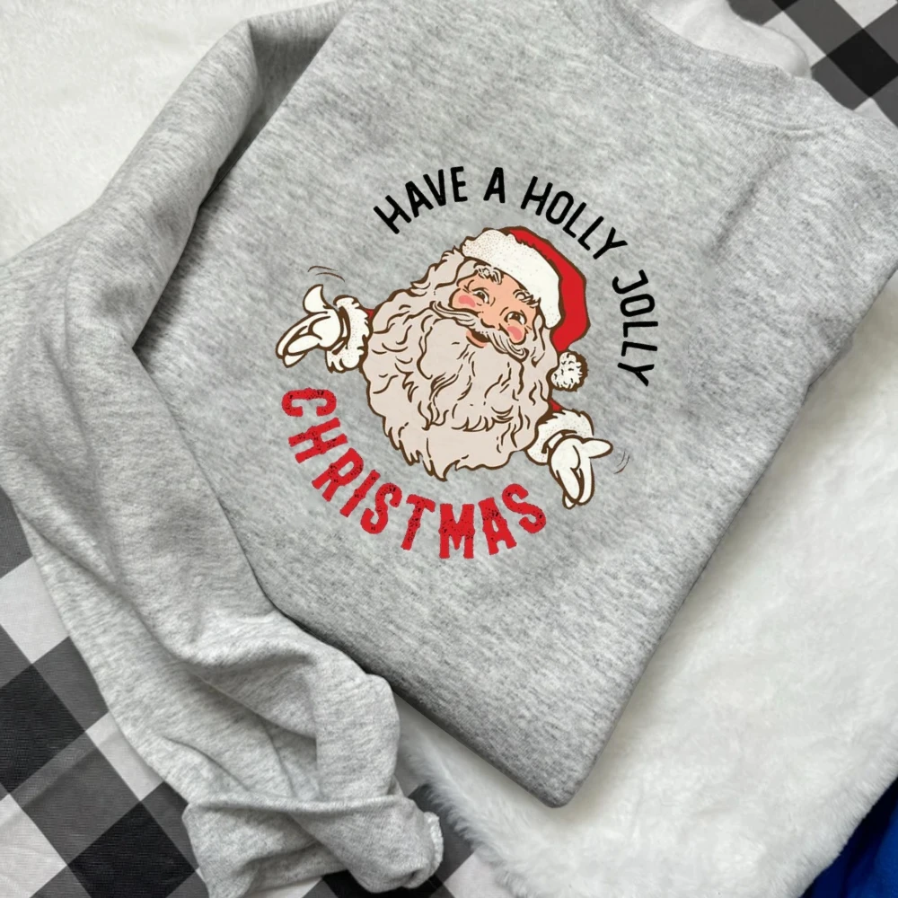 Have A Holly Jolly Christmas Soft Sweatshirt Cartoon Santa Claus Christmas Winter Round-Neck Long-Sleeve Sweater Festive Season