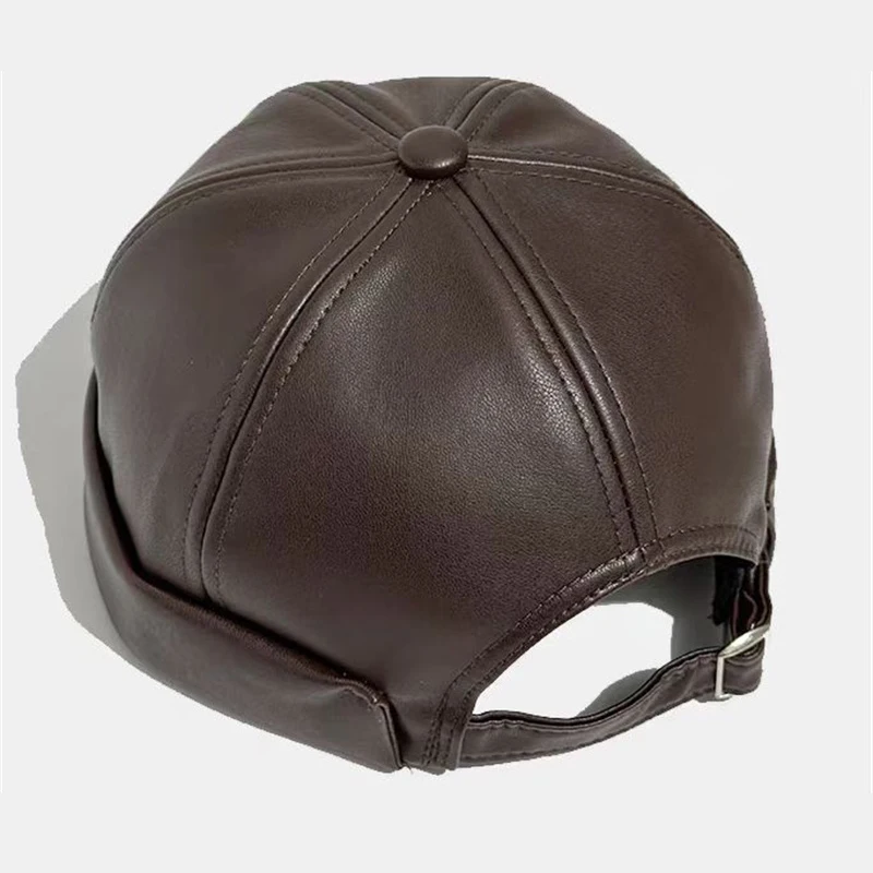 الرجعية بلون Brimless قبعة الربيع الصيف موضة عادية بولي Leather الجلود البطيخ قبعات دوكر قبعة الرجال النساء قابل للتعديل الهيب هوب القبعات