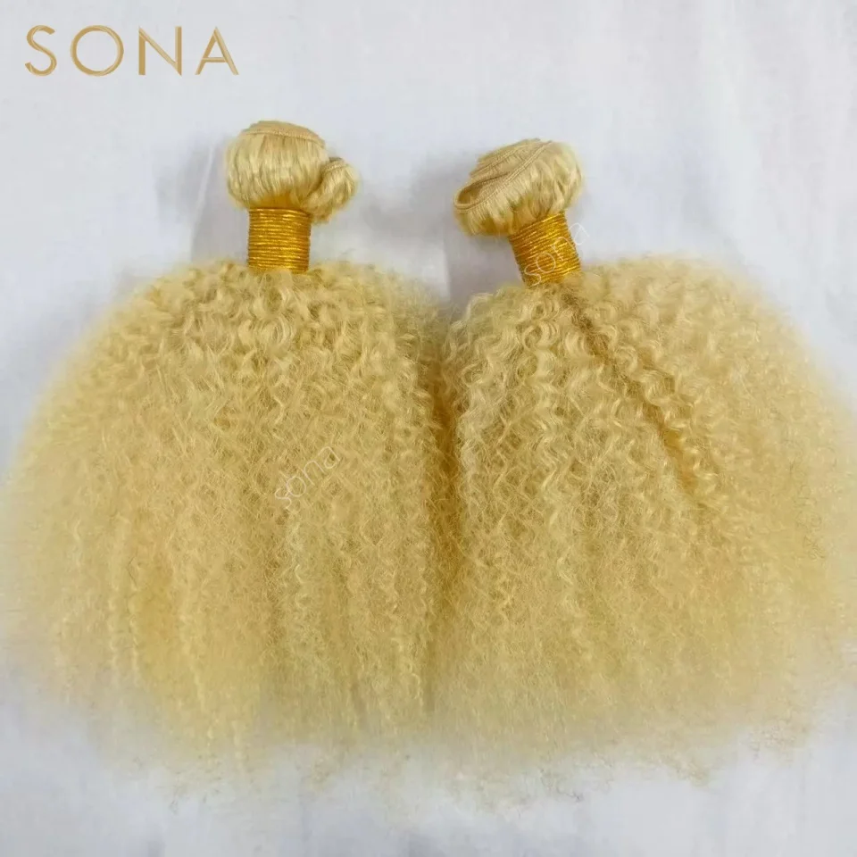 

4*4 Afro Kinky Curly Blonde #613 Human Hair Bundles with Closure HD Lace Ash Blonde 3 Bundle Hair Weft Extension