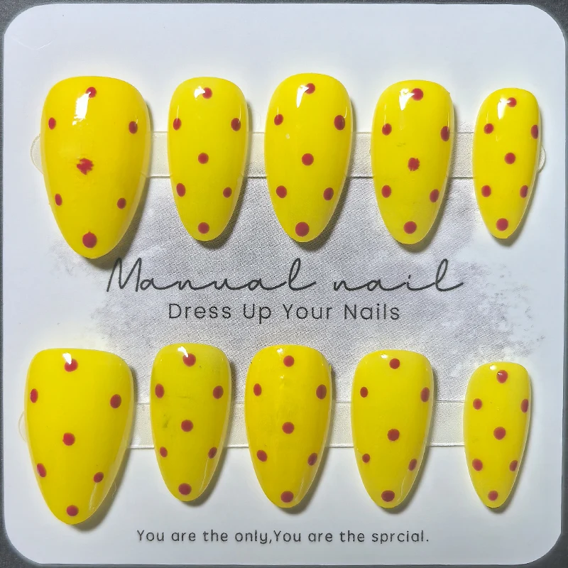 10pcs Almond Handmade Press on Nails Polka Dot Orange Sky Blue Yellow Black Multicolor Acrylic False Nails Glossy Gel Manicure