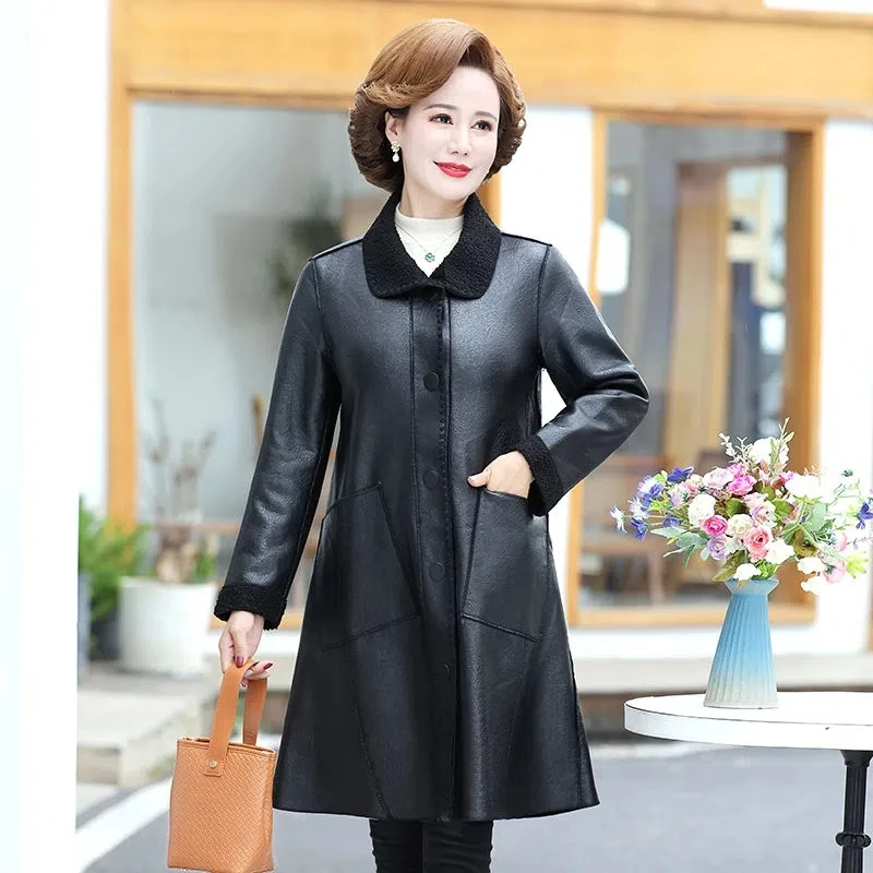 2024 Autumn Leather Coat New Middle-Aged And Elderly Women's Solid Color PU Leather Jacket Mother Trench Long Warm Leather Coat.