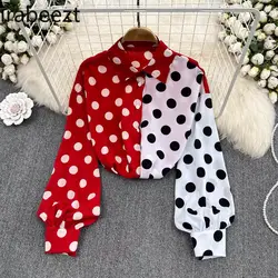 2024 Autumn Vintage Temperament Lantern Long Sleeve Color Contrast Polka Dot Shirt Female Loose Streetwear Blouse