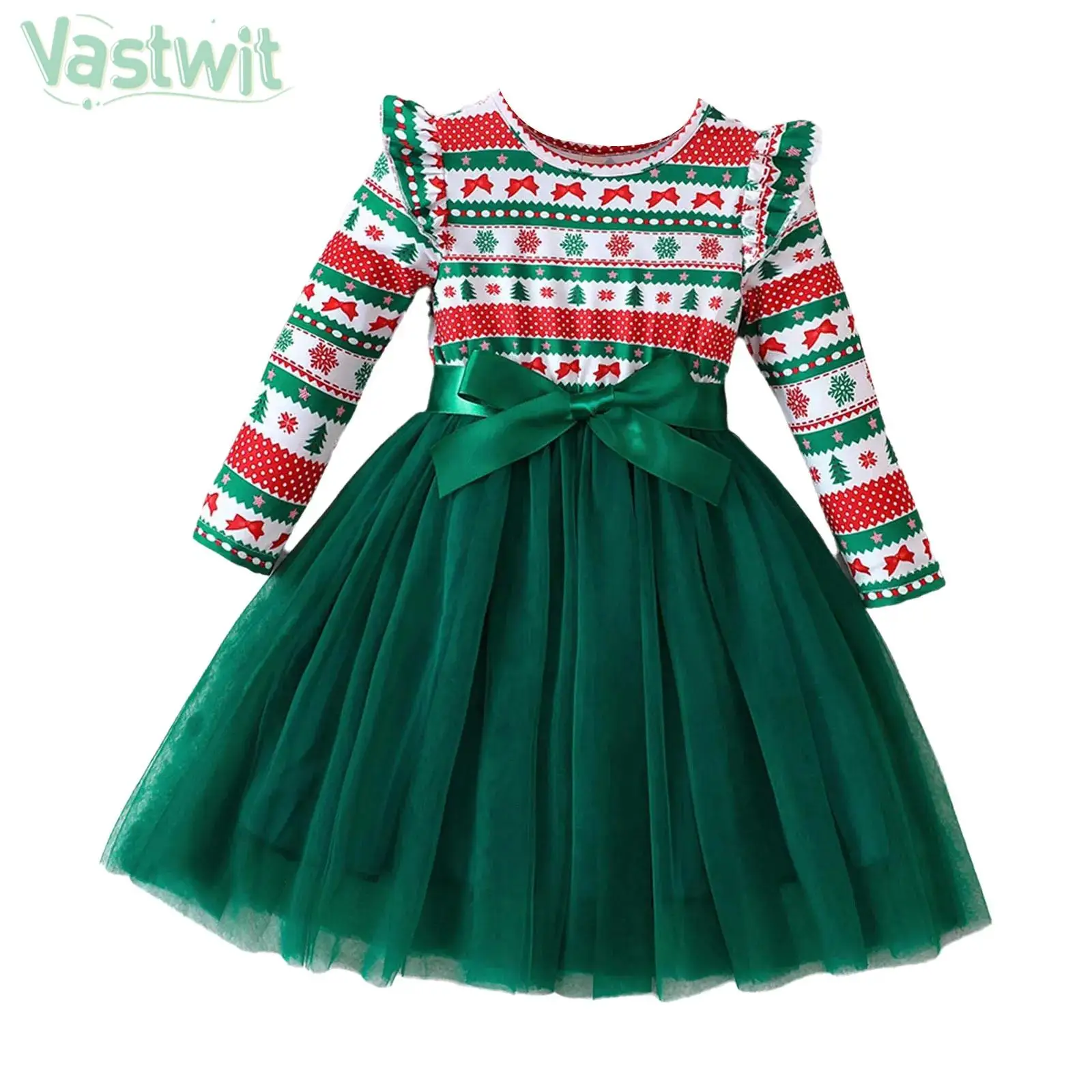 Children Girl Christmas New Year Party Dress Long Sleeve Xmas Print Mesh Tutu Princess Dresses for Festival Daily School Wear