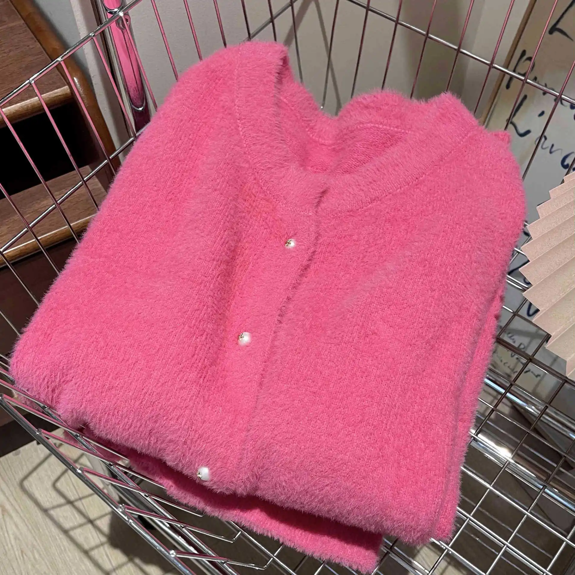 Pink Sweet Half-Fleece Women's Set Autumn/Winter Wearable Homewear Long-Sleeved Round Neck Cardigan Top + Trousers 2-Piece Set