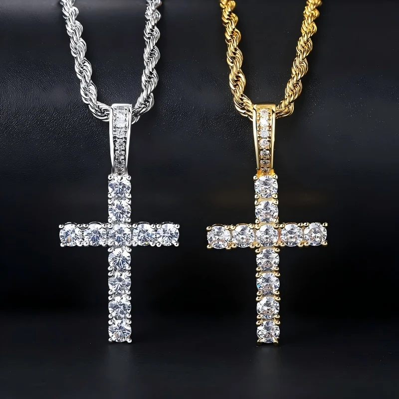 Cross Iced Out Pendant Necklace For Men Hip Hop Delicate Gold Color Cuban Rope Rapper Homme Chain on Neck Accessories