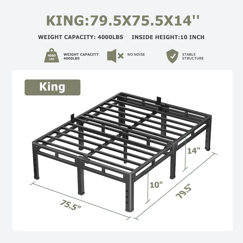NKZ 2-in-1 King Size Metal Platform Bed Frame, 14 Inch Heavy Duty Bed Base