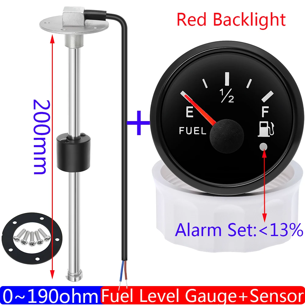 

Waterproof IP67 52mm Fuel Level Gauge+Oil Level Sensor 200mm 0-190OHM Red LED Oil Tank Meter with Alarm Car RV Camper 12V24V