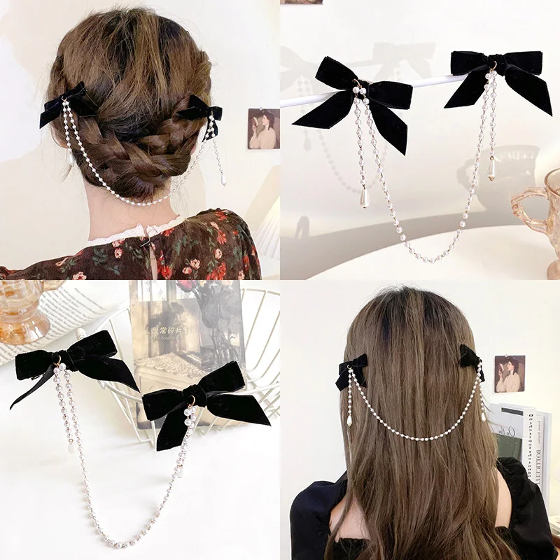 สาวหวานพู่ Vintage Bow Pearl Chain Hairpins ผมหรูหราตกแต่งแถบคาดศีรษะคลิปผมสําหรับผู้หญิงแฟชั่นอุปกรณ์เสริมผม