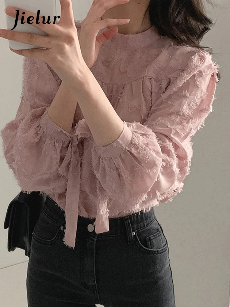 Jielur Spring New Solid Color Slim Women Blouse Sweet Elegant Office Blouse Woman Chic Street Long-sleeved Top Apricot Pink