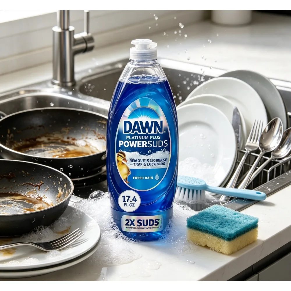Refillable Liquid Dish Soap Rain Fragrance, No‑Mess Squeeze‑Cap Dish Detergent for Glassware, Plasticware, Greasy Grilling Tools
