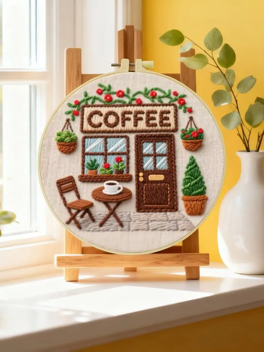 1 Stück 20X20CM/15X15CM 7,87/6,3 Zoll Kaffeehaus-Stickerei-Starter-Kit DIY-Kit DIY-Stickerei-Set Handarbeiten Nadelkunst – Detail 6