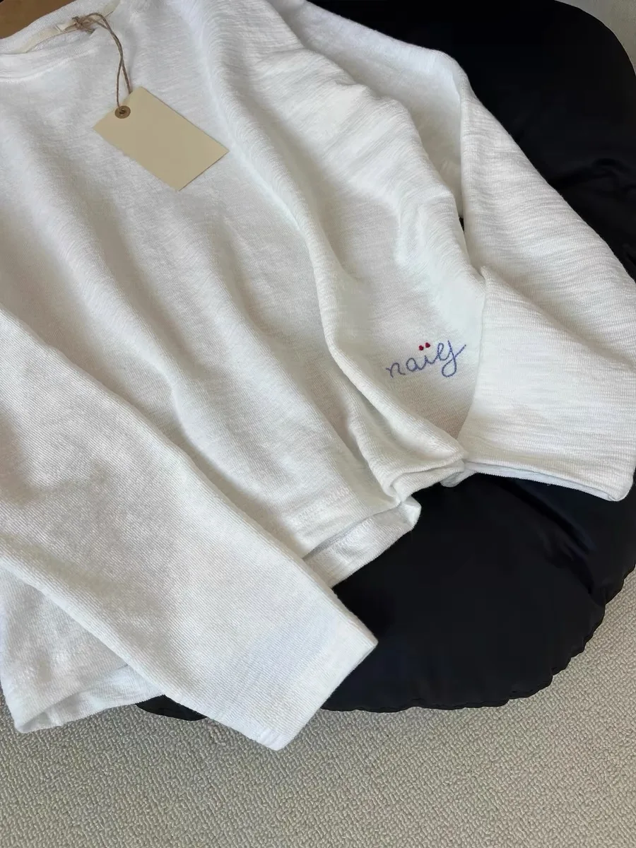 

Ultra Comfortable Embroidered T-irt Women's Spring Summer Korean Sle Base Layer irt White Hem round Ne Long Sve