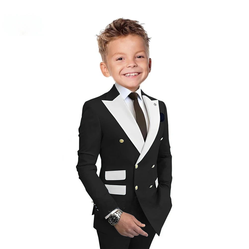 Black Boys Suit Jacket Pants 2 Piece Set Wedding Tuxedo Kids Fashion Double Breasted Blazer Fashion Design Clothes