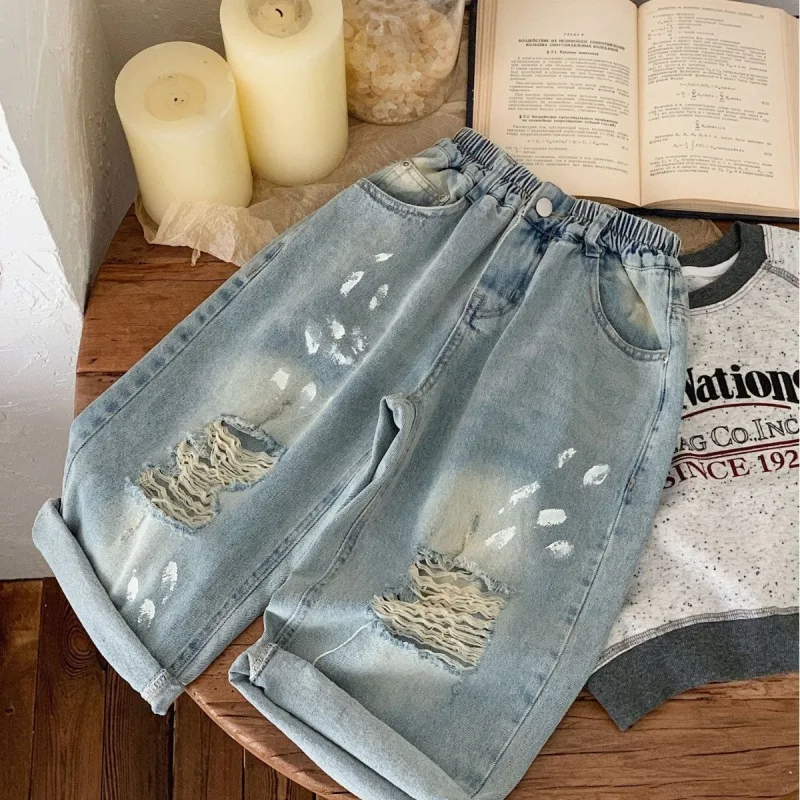 Autumn Little Boy Denim Pants Cotton Ripped Hole Infant Baby Boy Jeans Loose Elastic Waist Toddler Boy Straight Pants 2-7 Years