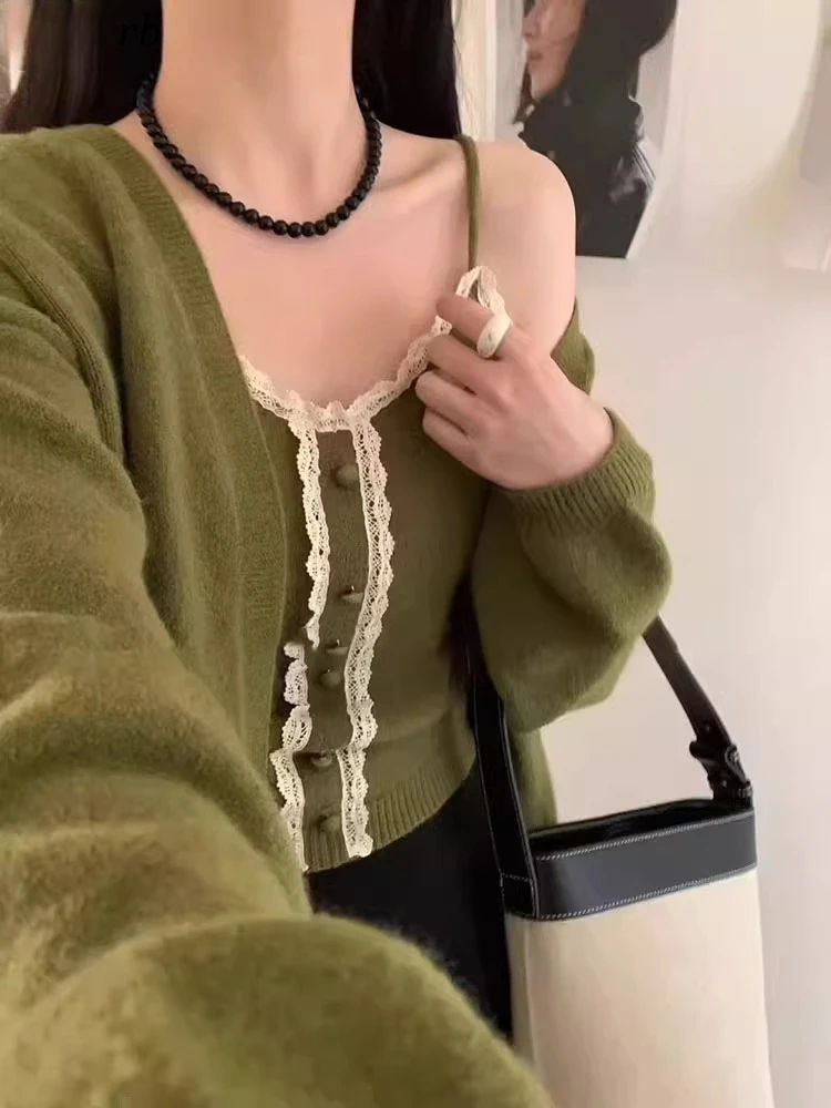 

Autumn Korean 2 Piece Sets Y2k Long Sleeve Loose Cardigan Coat + Sweet Lace Patchwork Button Vest Suit Fashion All Match Outfits