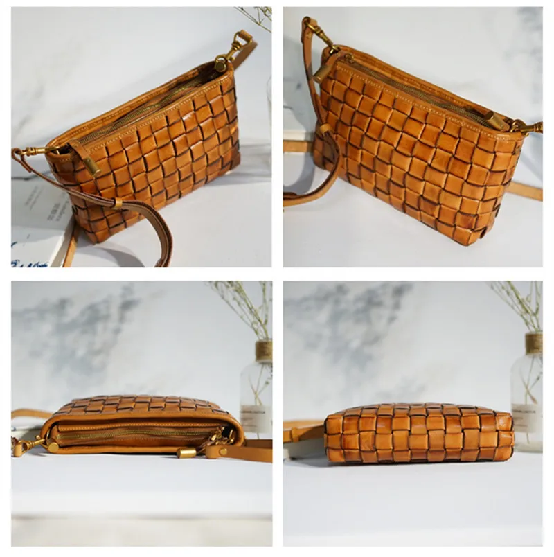 Vintage fashion luxury desig natural genuine leather woven small square package outside casual ladies shoulder crossbody bag