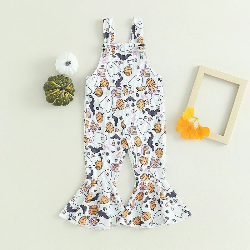 

Infant Girls Halloween Sleeveless Suspender Pants with Spooky Ghost Bat and Pumpkin Print Overall Jumpsuit Costume