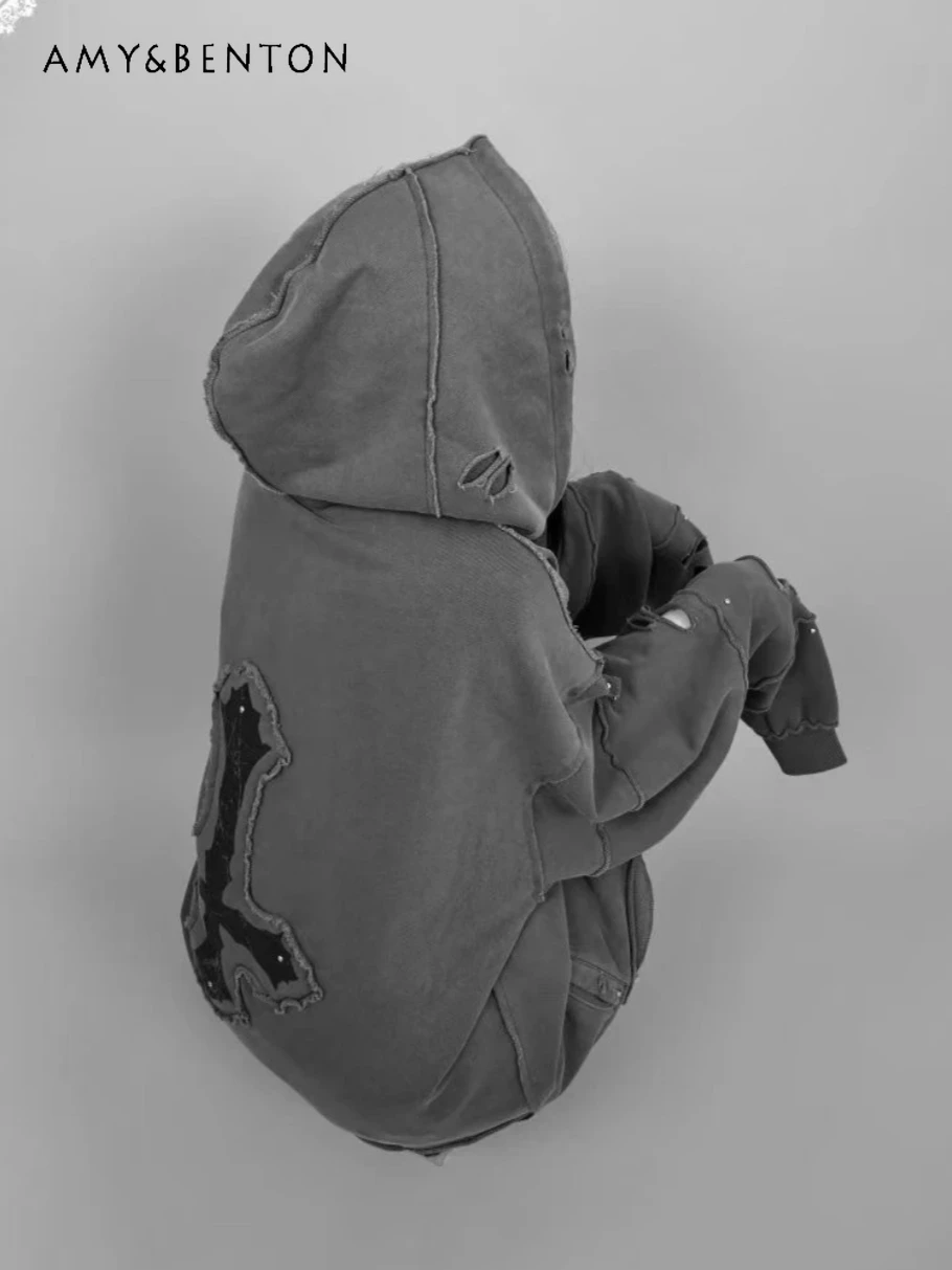 Goth Punk Style Oversized Hoodie Sweet Cool Y2K Sweatshirt Japanese Mine Cross Embroidery Retro Subculture Ripped Hoodies Women