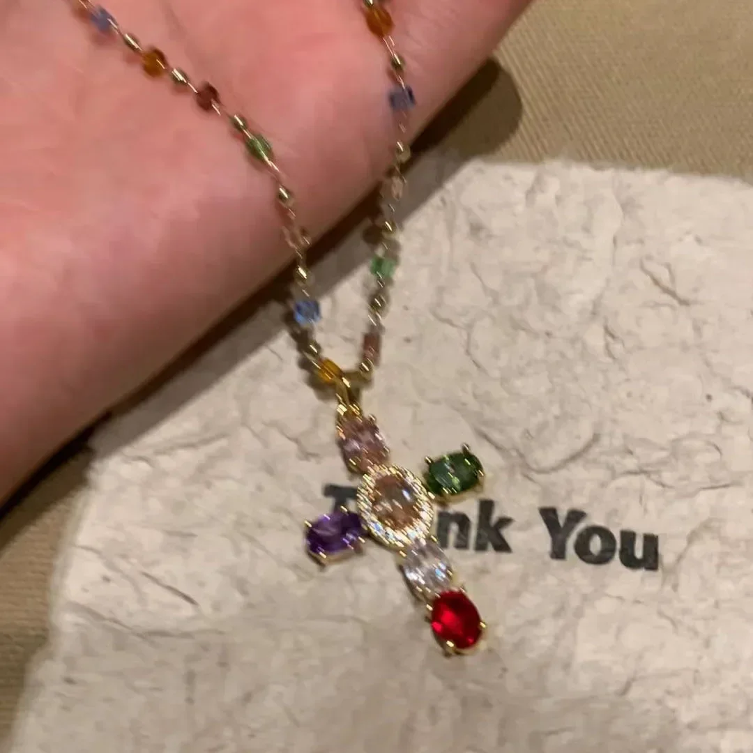 목걸이 Fashion Colorful Zircon Cross Pendant Necklace for Women Stainless Steel Silver Color Charm Crystal Beaded Chain Necklace목걸이 - Image 4