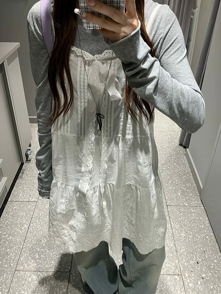 Vestido cropped de renda branca com saia em camadas, estilo coreano, com nó borboleta vazado, modelagem A, cintura alta, para...