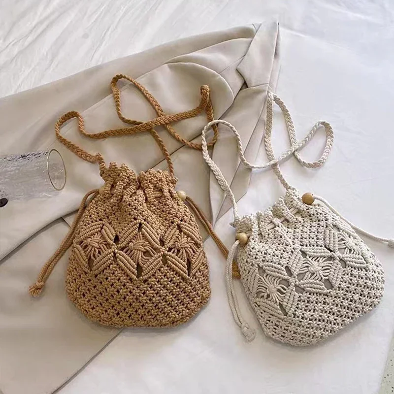 New woven forest crossbody bag cotton thread small fresh hollow bucket bag versatile vacation beach bag baby diaper bag