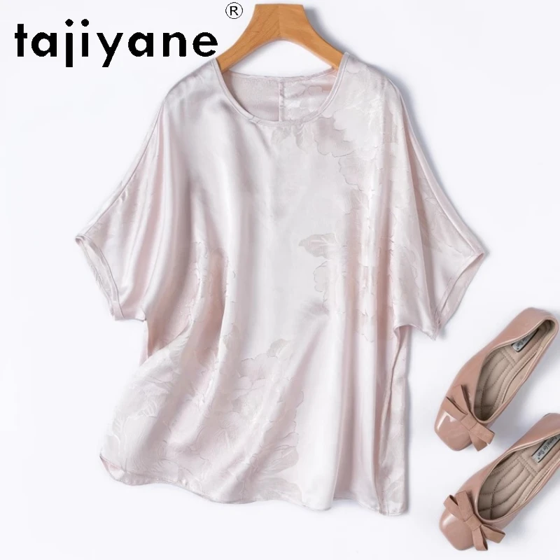 

TAJIYANE 100% Mulberry Silk T Shirts Woman Elegant Batwing Sleeves T Shirt High Quality Pink Summer Tops Women Clothing 2025 топ