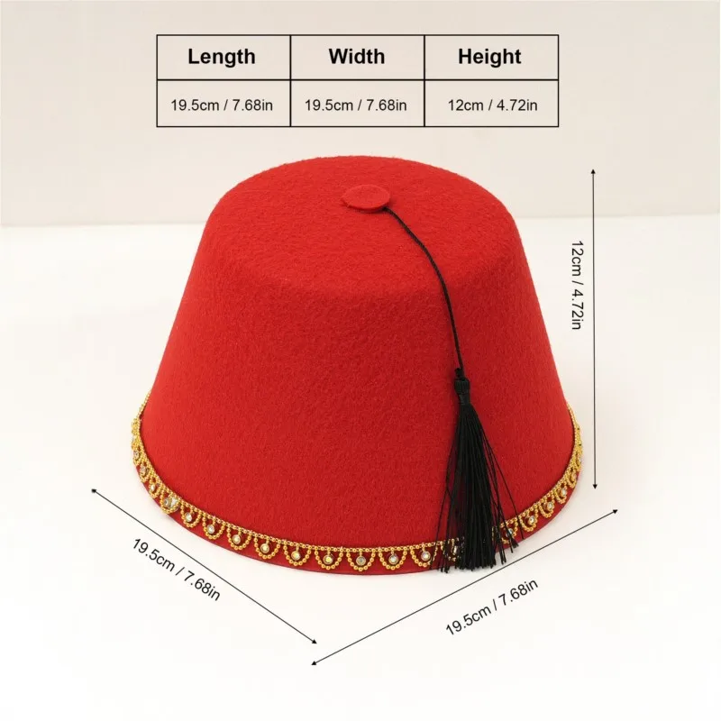 A red felt Turkish hat with water tassels and golden fan-shaped lace decoration an exotic ethnic