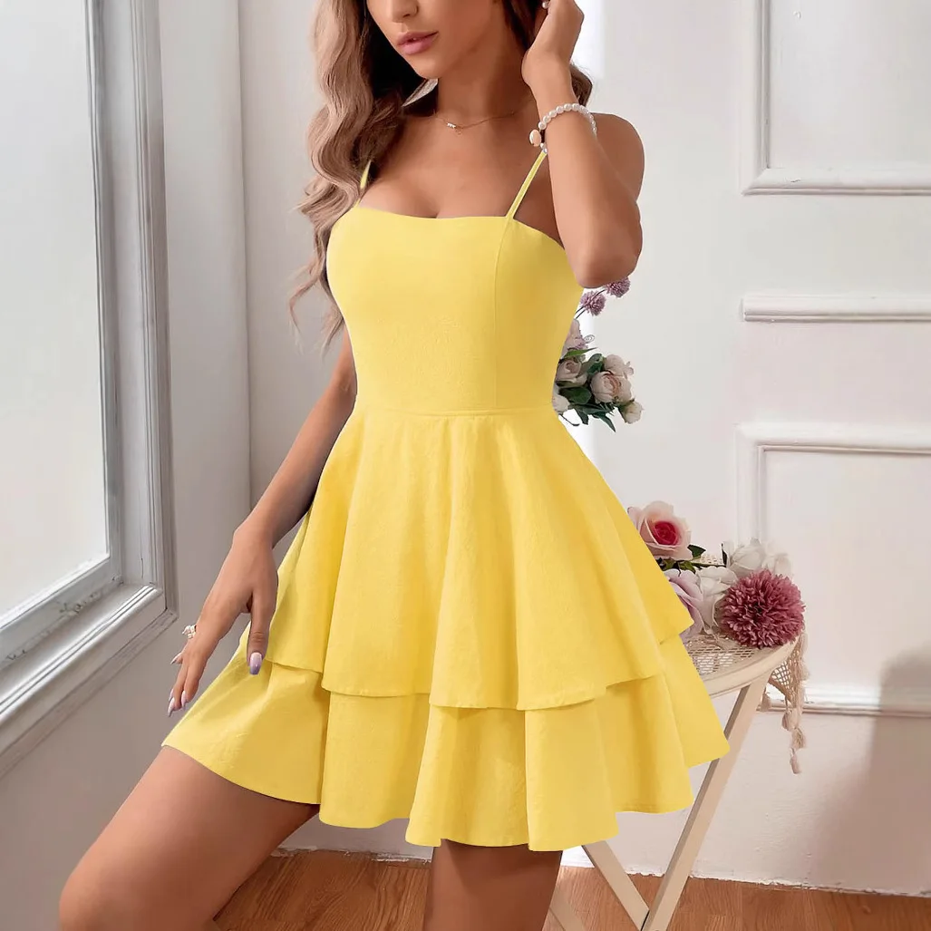 Vestidos sexis con tirantes finos para mujer, minivestido femenino con volantes y pajarita, informal, verde, corte en A