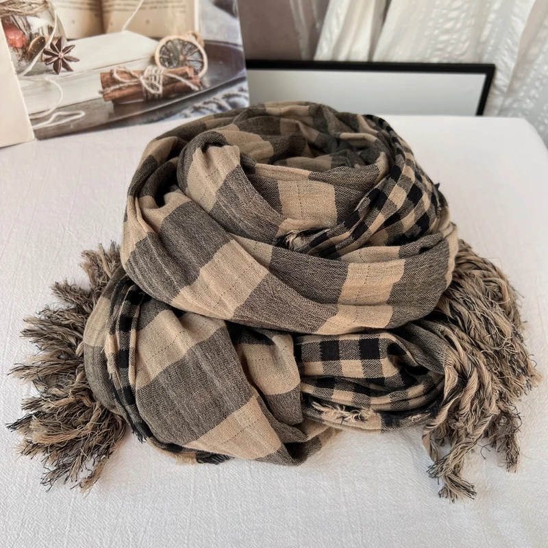 retro-artistic-bla-pure-cotton-plaid-scarf-women's-winter-versatile-soft-double-sided-long-pamina-ne-warmer-scarf