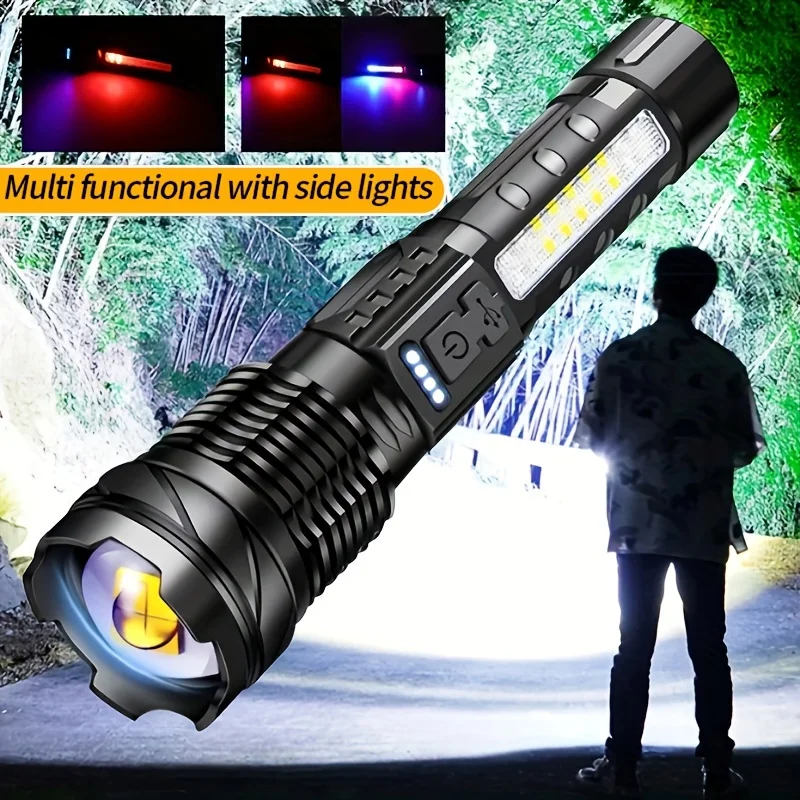 Super Bright LED COB Flashlight USB Rechargeable Torch Powerful Zoomable Lanternwith Red Blue Side Light Outdoor Working Light