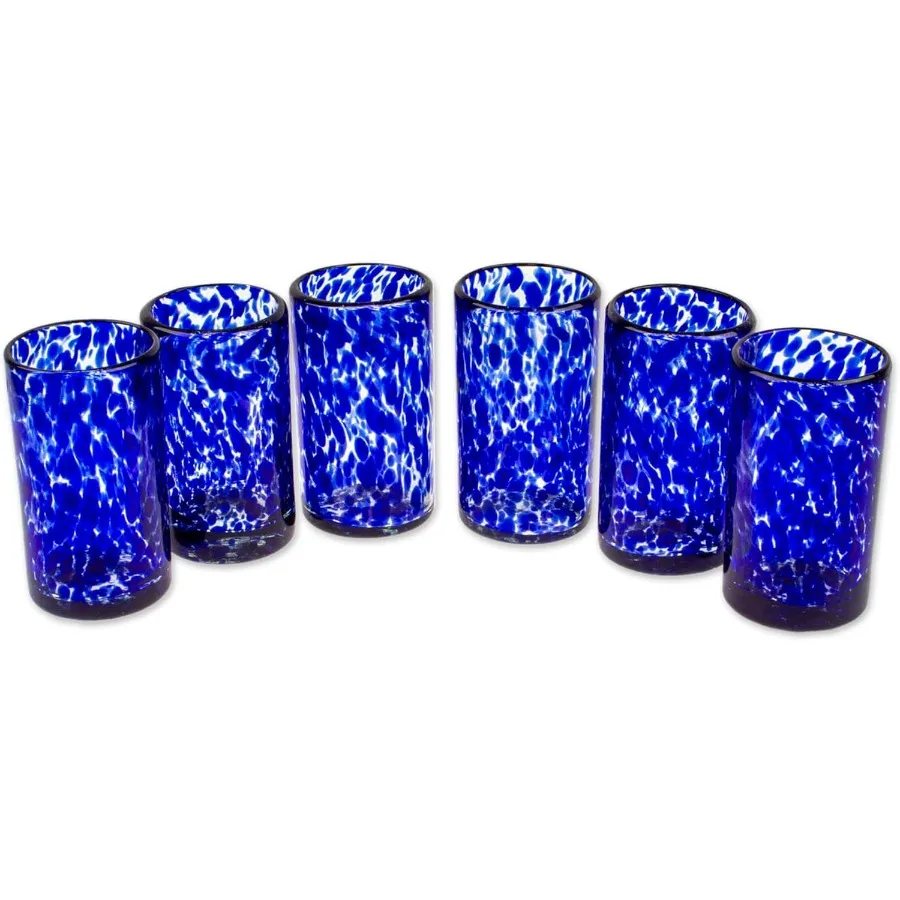 

Hand Blown Blue Confetti Recycled Glass Juice Glasses 5 Oz 'Marine' Set Of 6 for Elegant Home Bar EcoFriendly Drinkware with Un