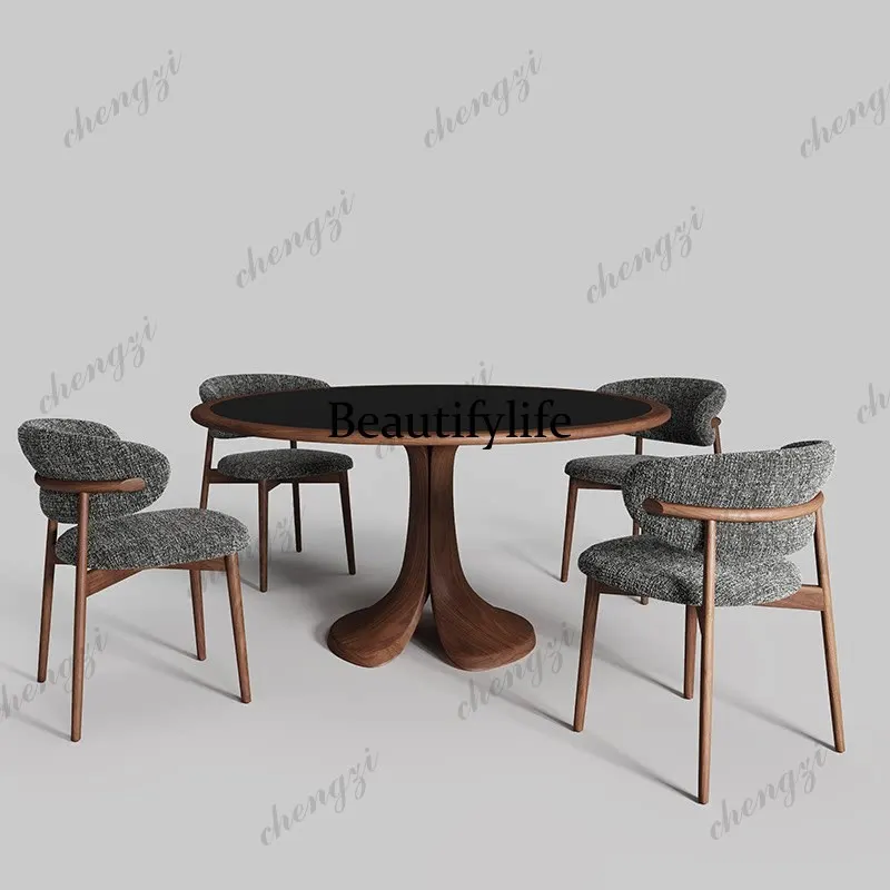 Solid wood inlaid rock slab dining table with turntable imported light luxury modern 1.5m round table
