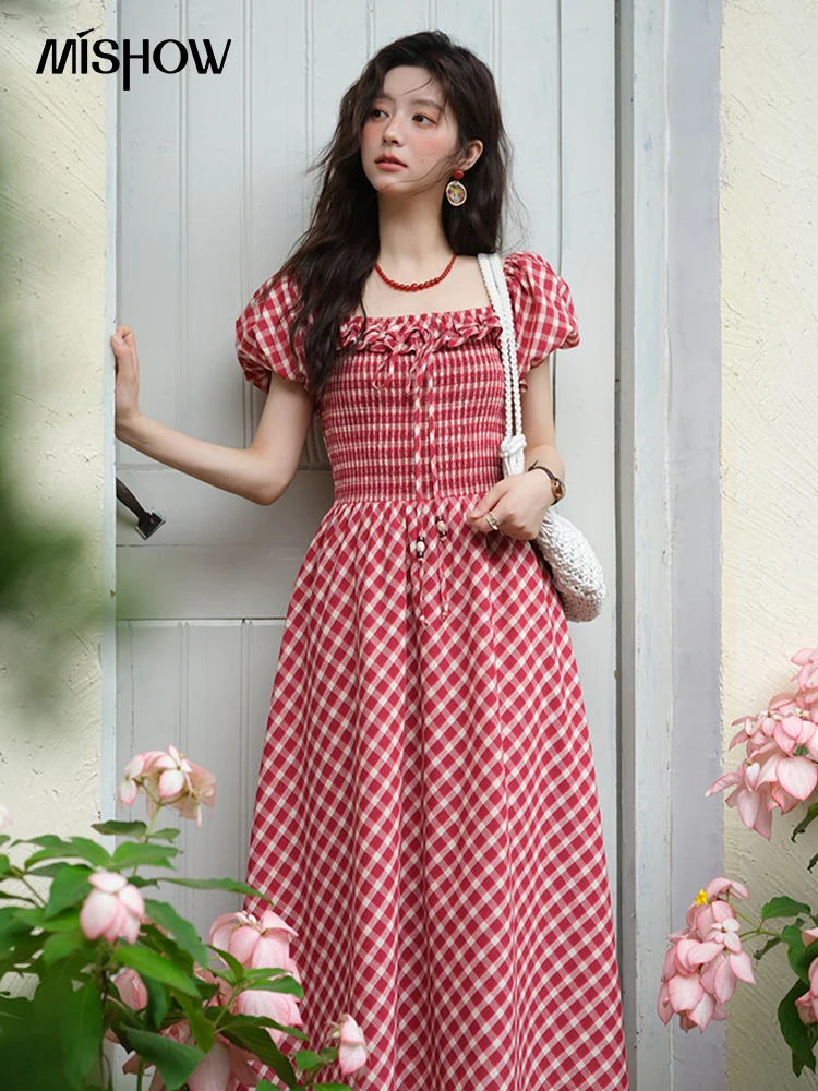 

MISHOW Women's Retro Red Plaid Dress 2025 Summer New Square Neck Lace Up Hollow Out Spliced Dresses Women's Clothing MXE39L2324