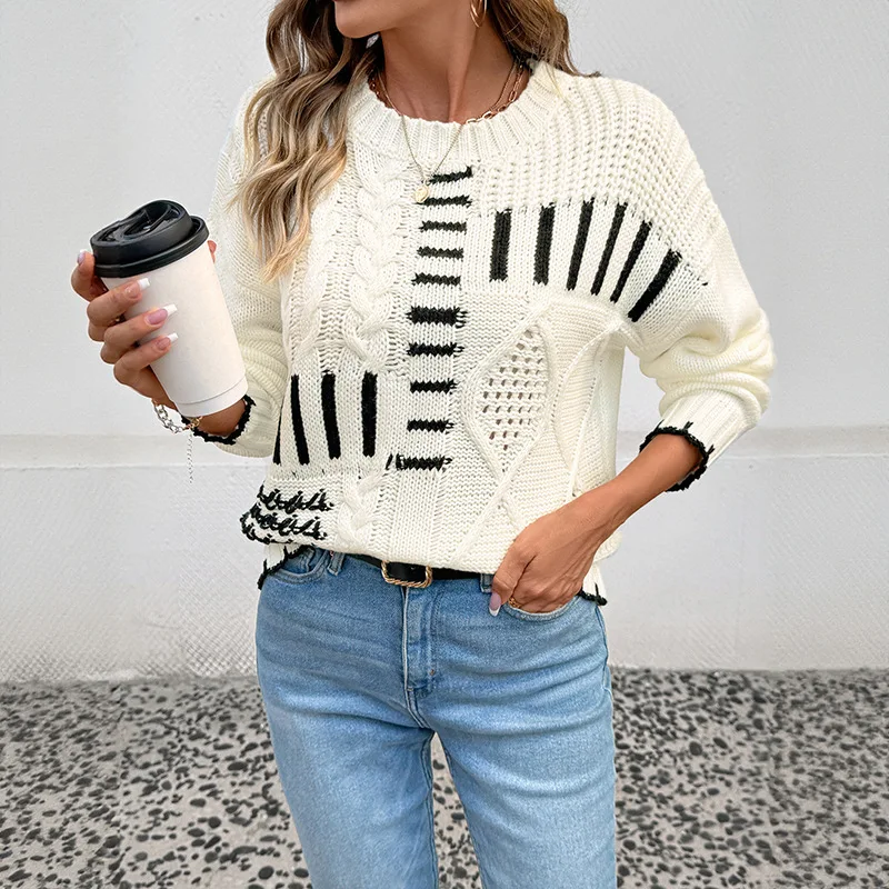 

New Style Sweater for Autumn and Winter Fashion Round Neck Striped Lines Contrasting Sweater for Women