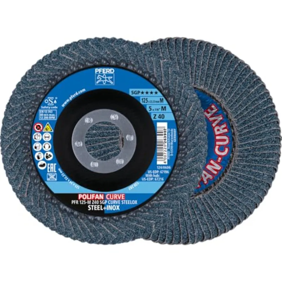 

ПОЛИФАН ® Радиальный лепестковый диск Curve - 5" x 7/8" 40 Grit, циркониевый, для сварки и угловых шлифовальных машин - для стали
