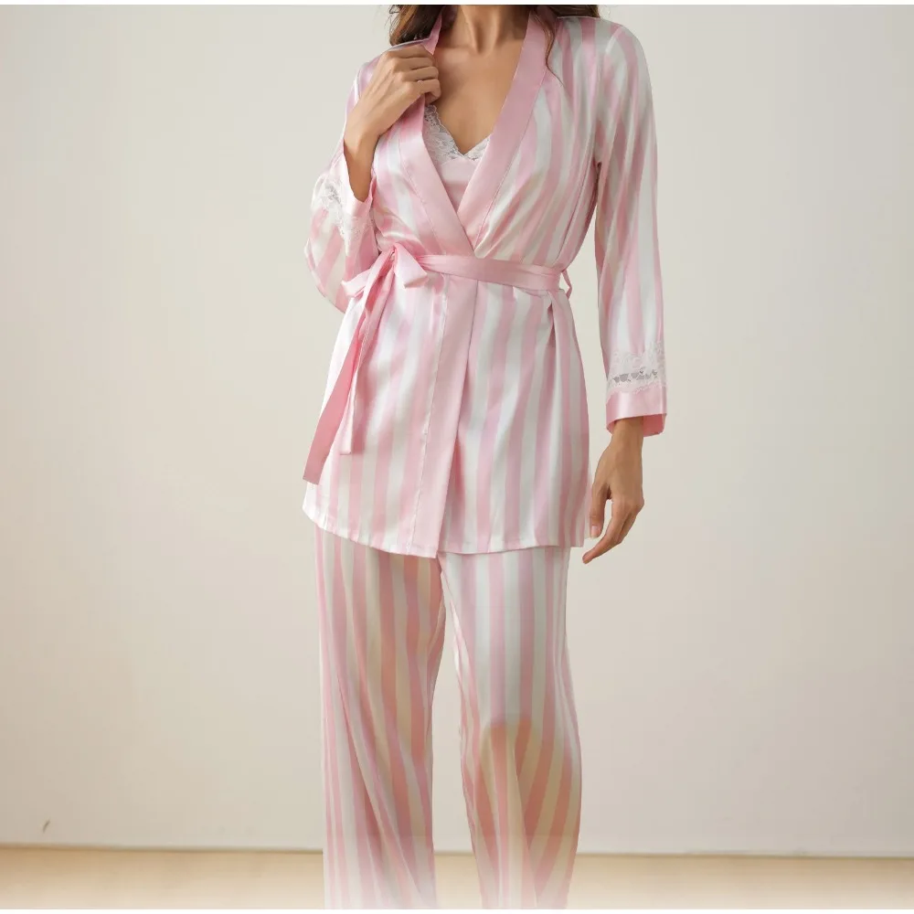 

Новые женские брюки из ледяного шелка, розовые, белые полосатые кружевные брюки с длинными рукавами на подтяжках, модный комплект одежды для дома из 3 предметов