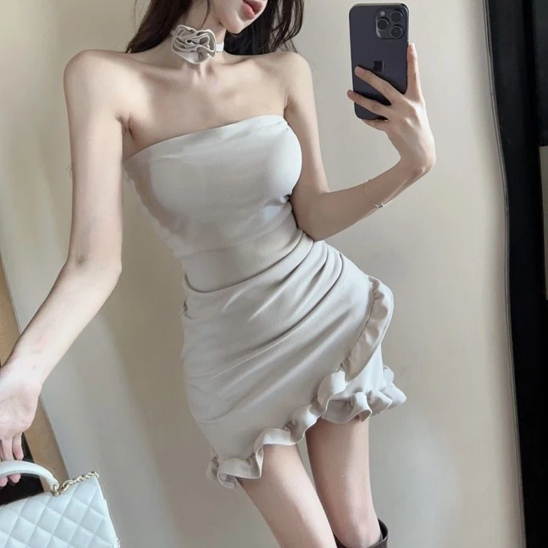 Vestido sin tirantes con borde de volantes irregulares para mujer, Vestido corto envuelto Sexy