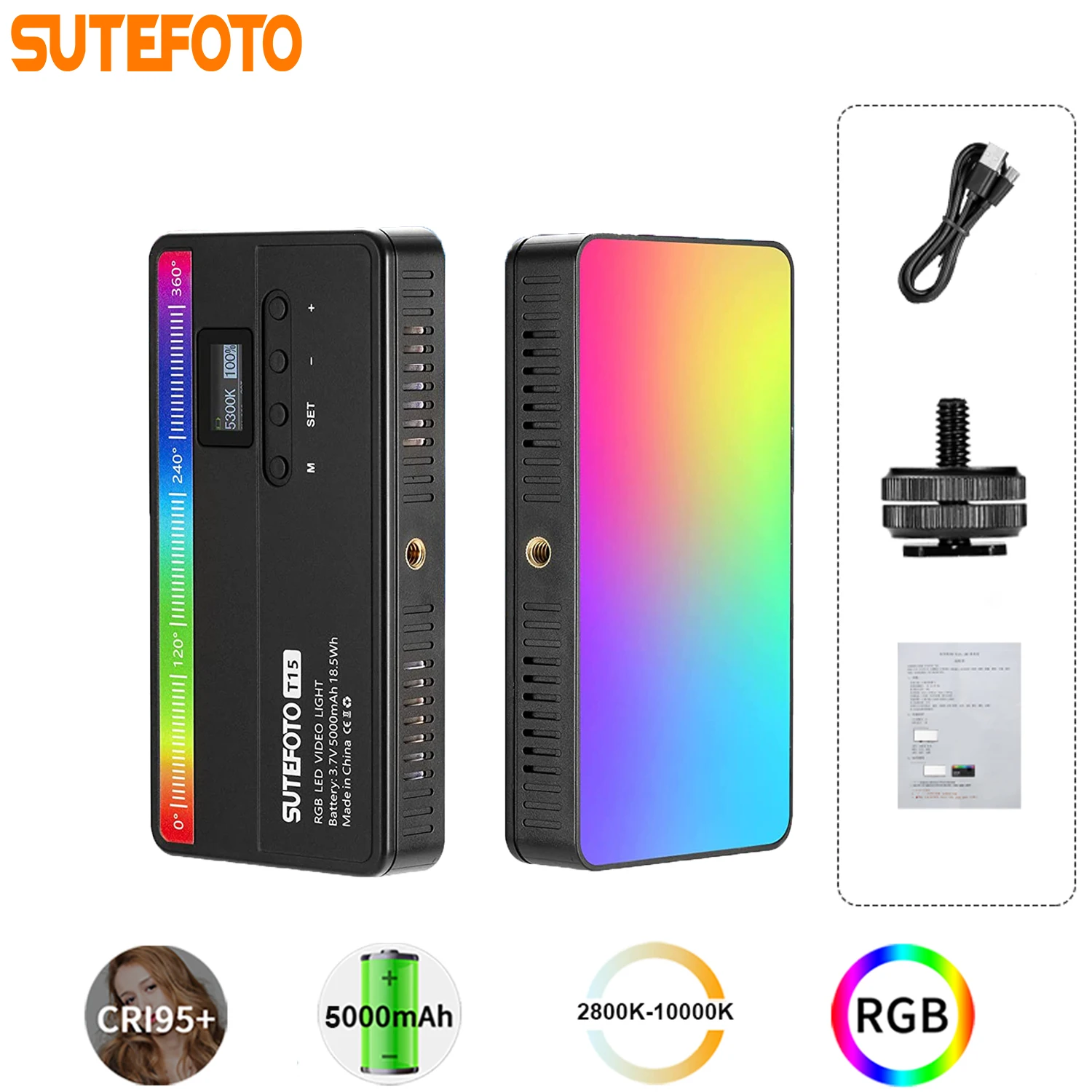 SuteFoto Video light T15 Full Color RGB CRI95+ 2800-10000K LED Photography Lighting Dimmable Camera LightRechargeable 5000 MAh