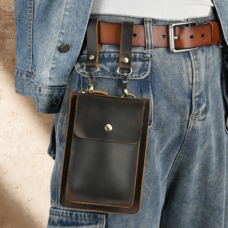 Retro Mad  Leather Fanny Pack Genuine Top Layer Cowhide Multi-Functional Waist Bag Crossbody Phone Bag for Young Men