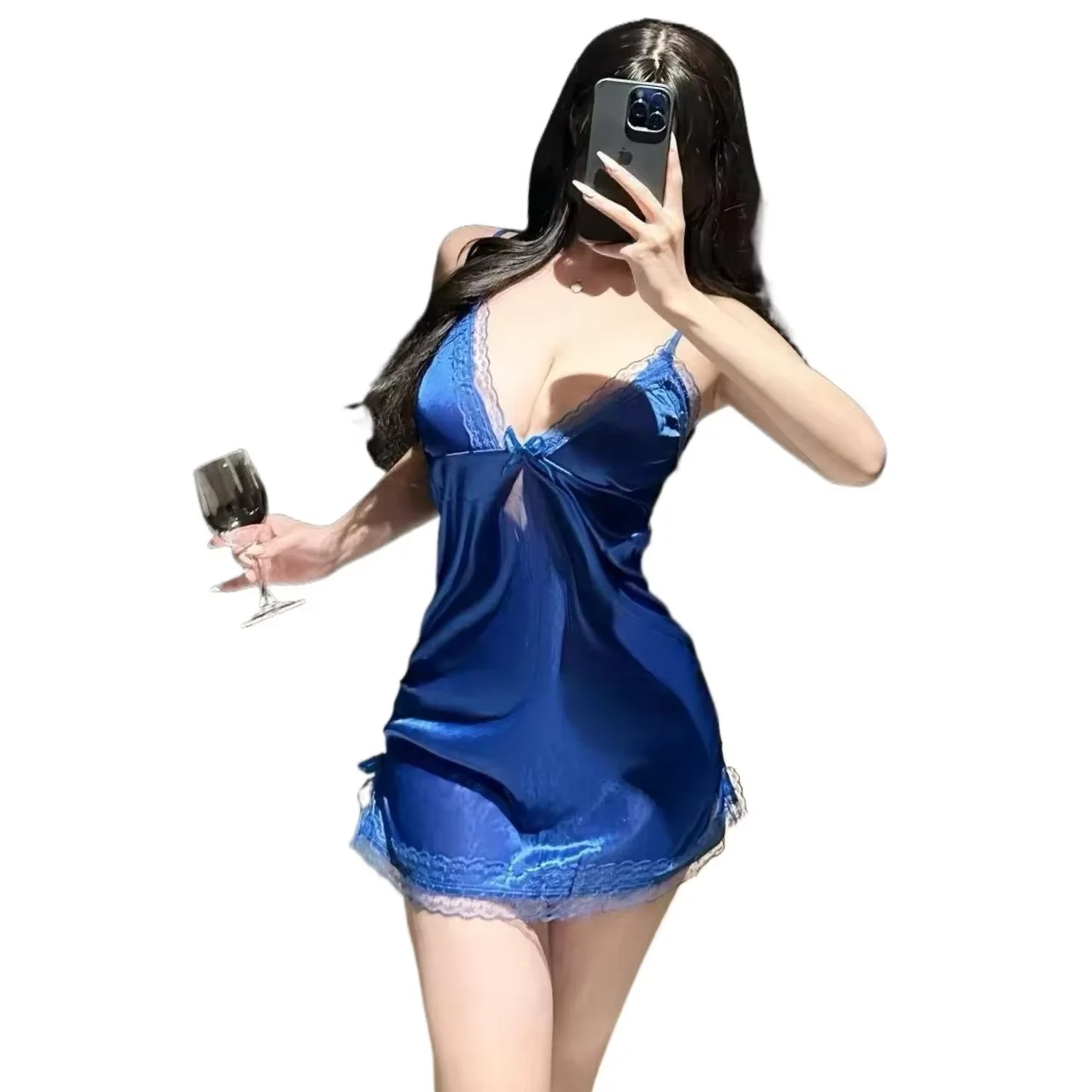 Sexy Backless Nightgown Lingerie Women Satin Suspender Nightdress Lace V-neck Slip Dress Ice Silk Pajama Home Wear Loungewear