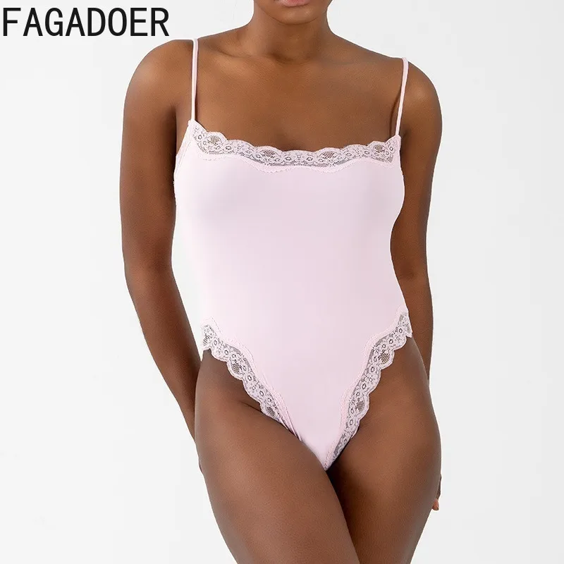 FAGADOER Summer Sexy Lace Patchwork Bodycon Rompers Women Solid Color Spaghetti Strap Bodysuit Jumpsuit Female Sportswear 2025