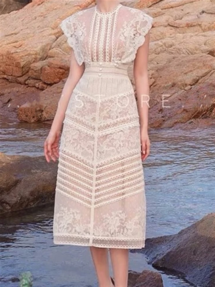 Abito da festa Backless Sexy Boho Beach Lace abiti Vintage senza maniche Summer Runway prendisole donna donna ricamo 2023 Vestido