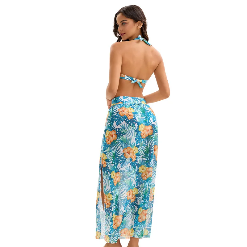 2026 Print Cross Three Piece Vent Long Skirt Bikini Swimsuit Women Swimwear Female Bather Bathing Swimming Swim Suit Beachwear