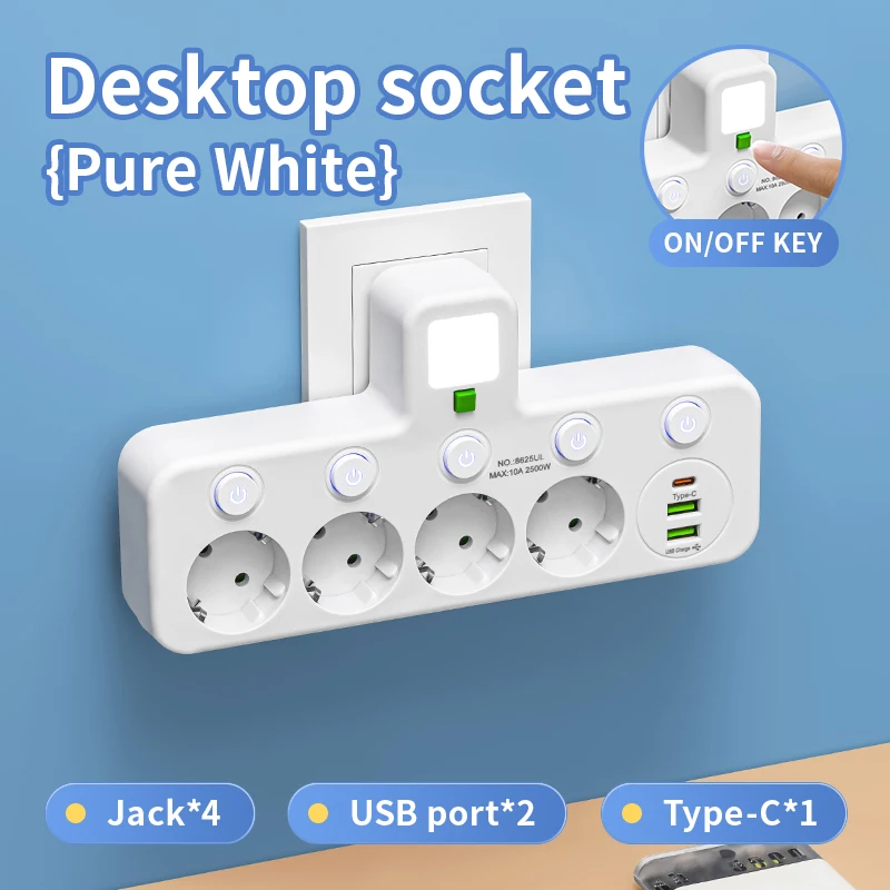 Enchufe europeo con 4 tomas de corriente, regleta de pared con 2 puertos USB y 1 puerto tipo C, sin cable de extensión, con una potencia máxima de 2500W.