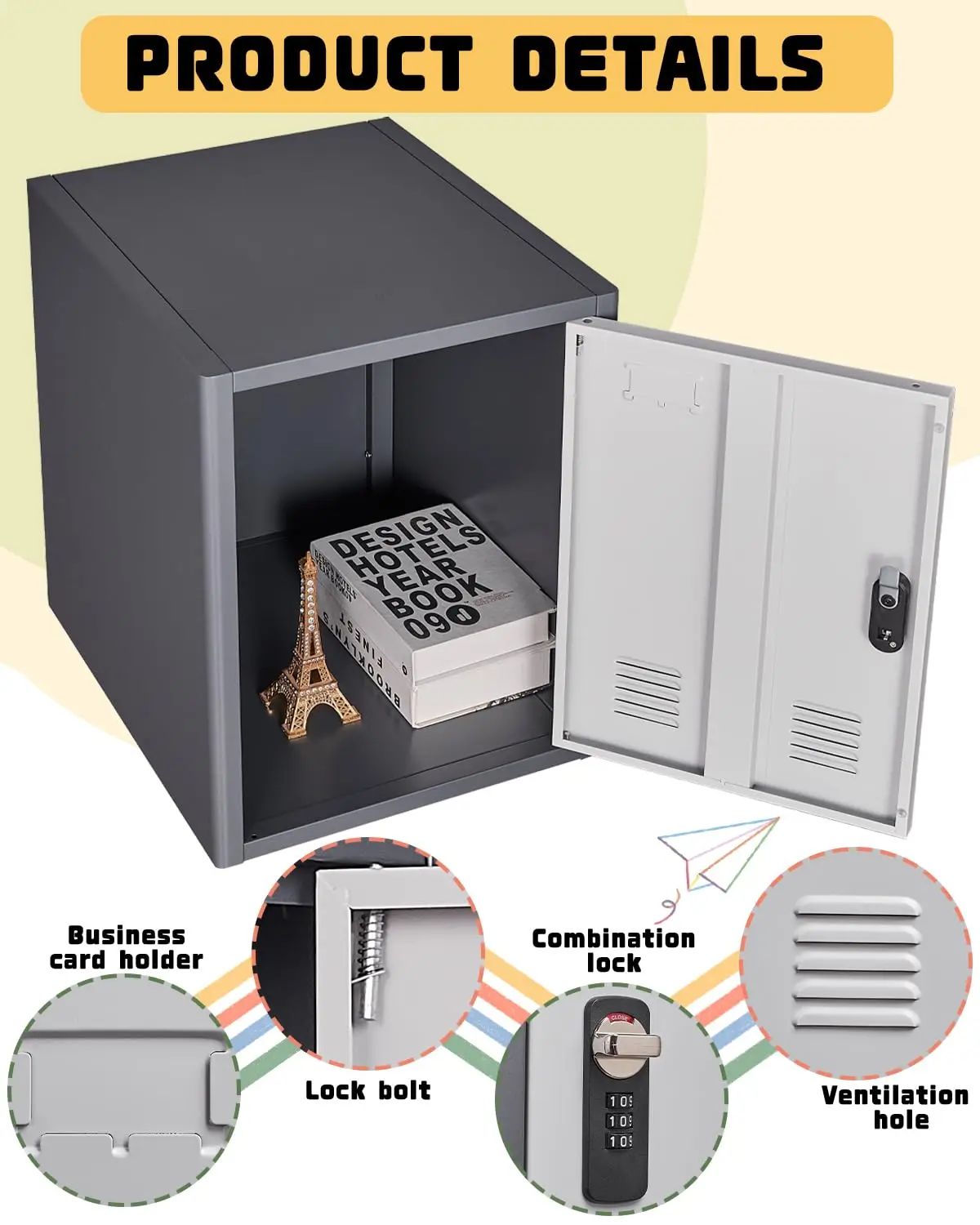 Элегантный серый металлический шкафчик высотой 19,7 дюйма с 1 дверцей — небольшой запираемый шкаф для хранения для сотрудников и детей — требуется сборка