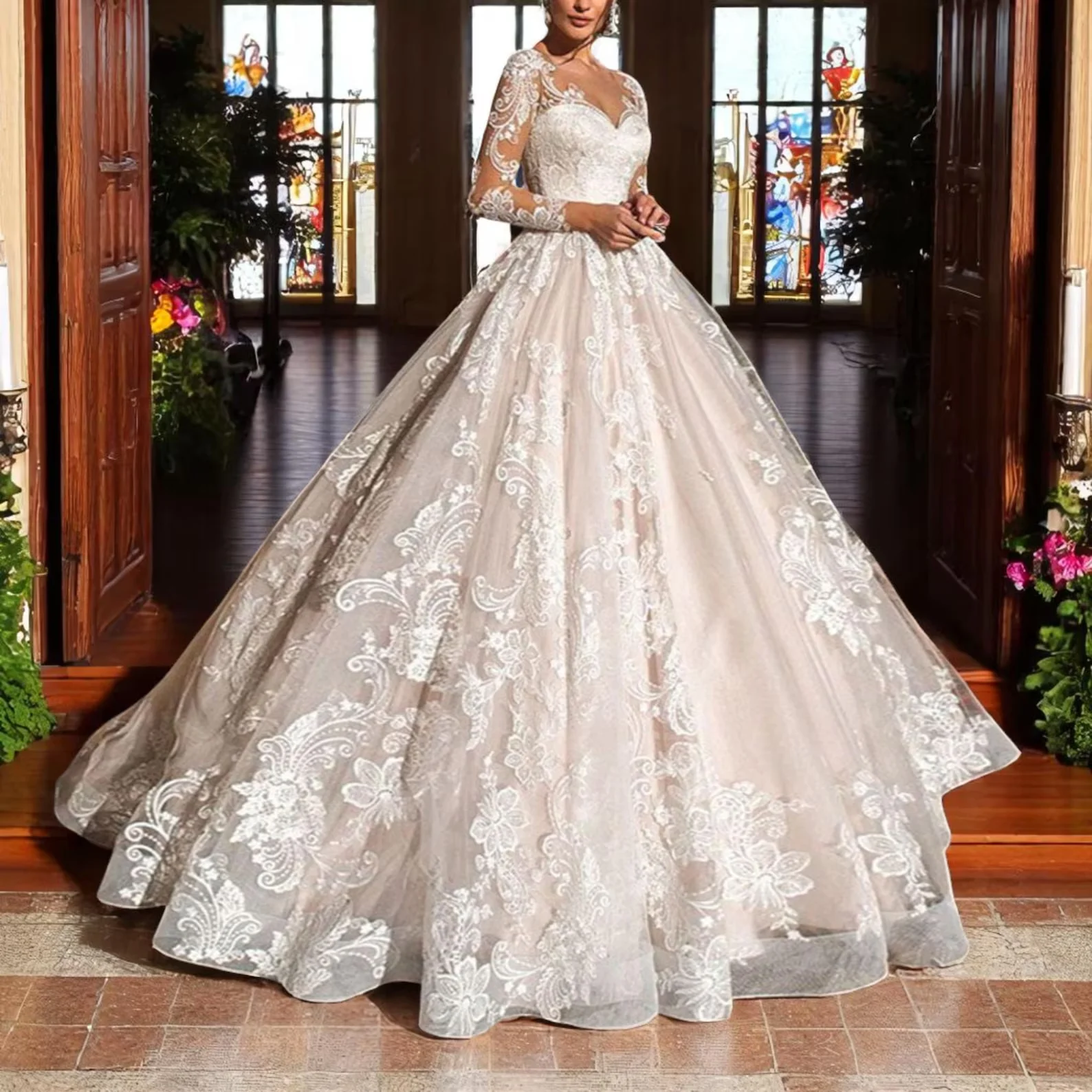 

Customized Women's 2025 White Wedding Dress Long Sleeve Bridal Gift Elegant Sweetheart Stickers Princess Dress Formal Dress