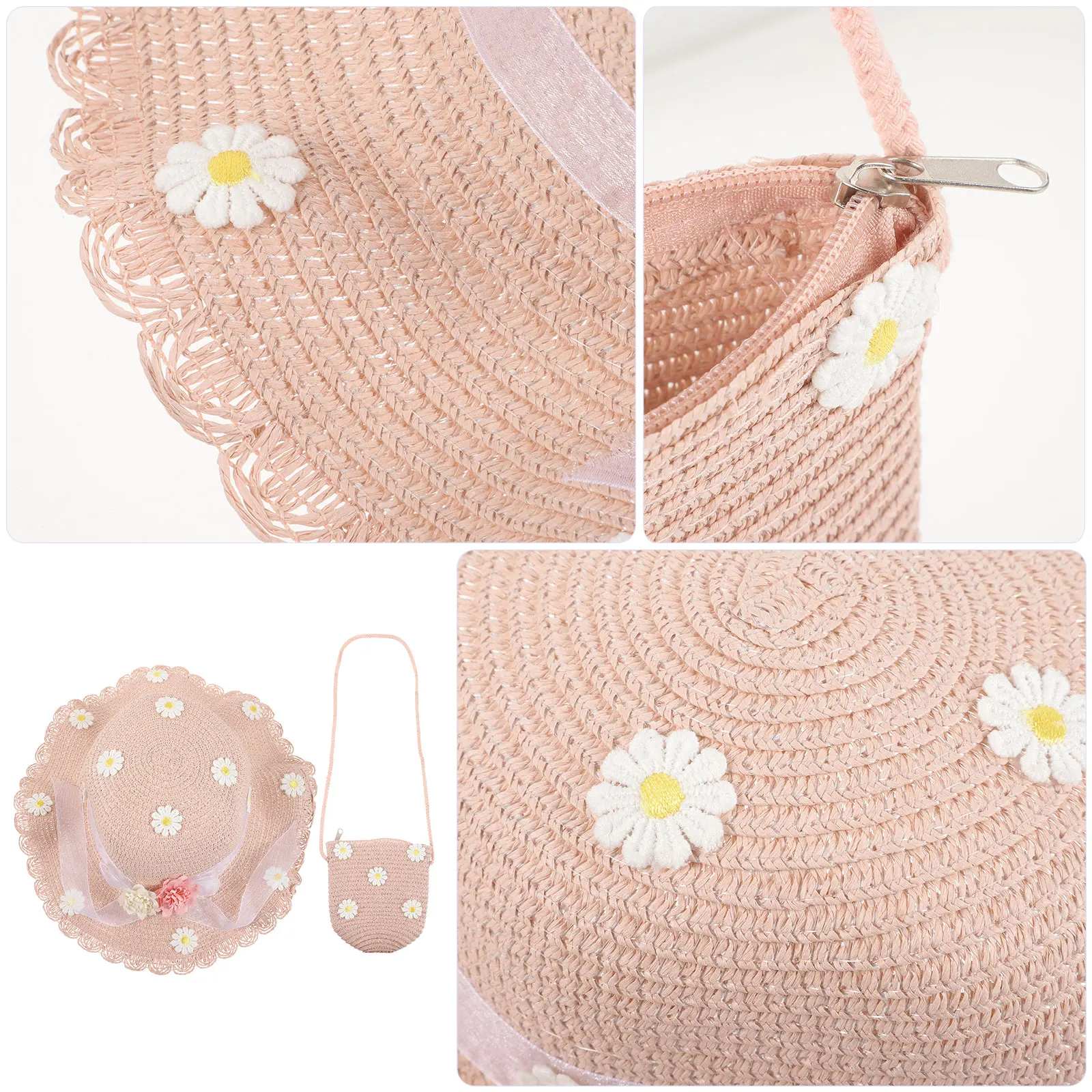 

2pcs Kids Straw Sun Hat Toddler Beach Bucket Hats Daisy Lightweight Breathable Baby Summer Pink Sunscreen Bag Vacations Outdoor
