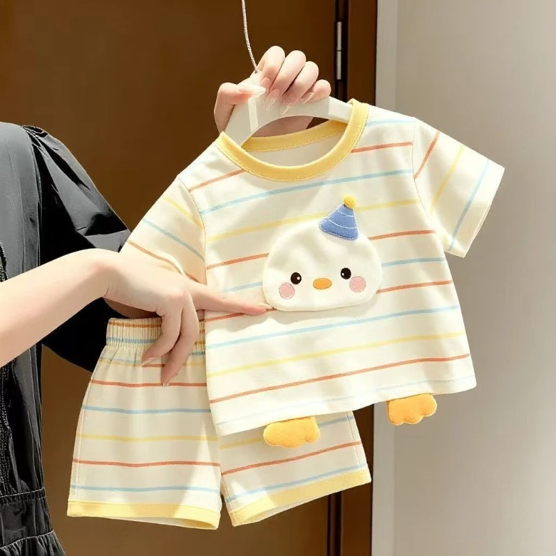 2026 Summer Children's New Striped Cute Duck Cartoon Cute 3D Thin Short Sleeved T-shirt and Shorts