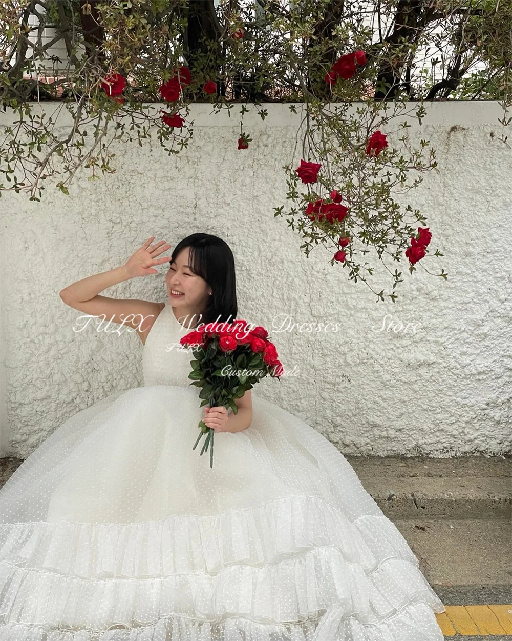 Tulx princesa pontos tule vestido de sessão de fotos de casamento personalizado até o chão em camadas coreia o-pescoço inchado vestidos de noiva espartilho nne").