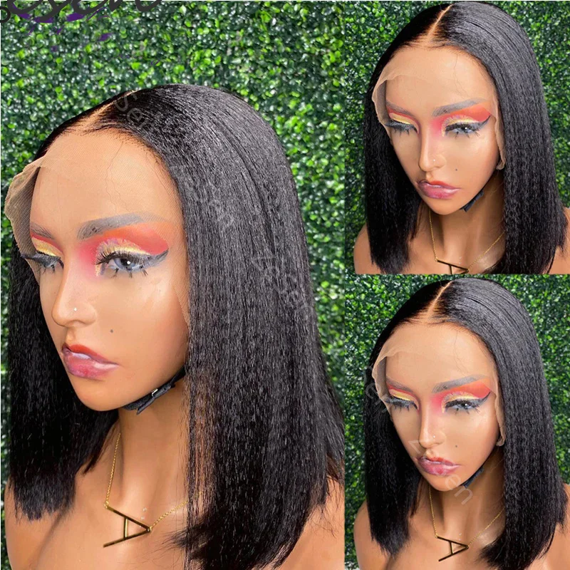 

Kinky Straight Bob Heat Resistant Fiber Hair Wig Glueless Synthetic Lace Wig Pre plucked Pre Cut Short Yaki Bob Wigs for Women